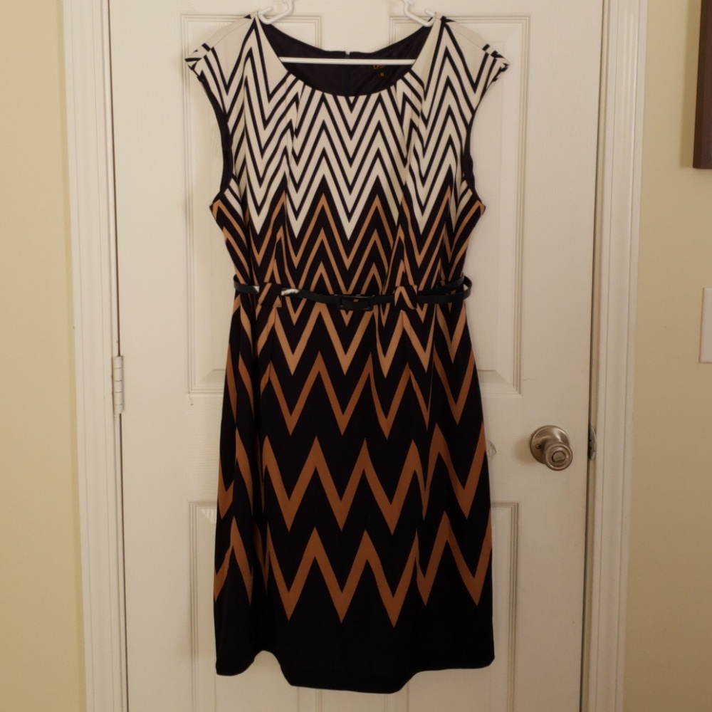 Navy, Cream, Tan and Brown Boat Neck Sheath Dress